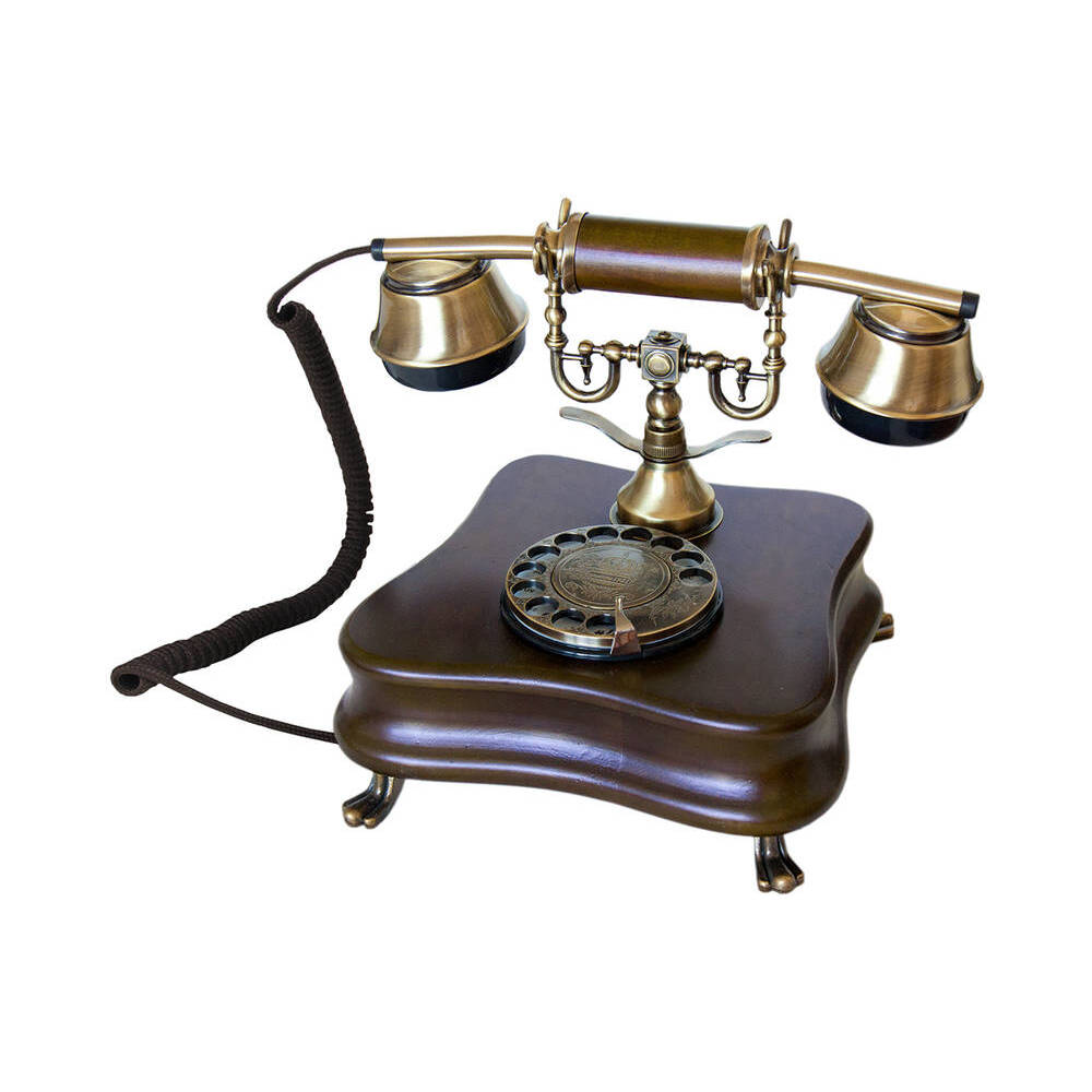 schwarzem und mit Messing überzogenem Plastik Modell C Retro Telefon aus Holz Opis 1921 Cable rotierender Wählscheibe und Metallklingel mit echter
