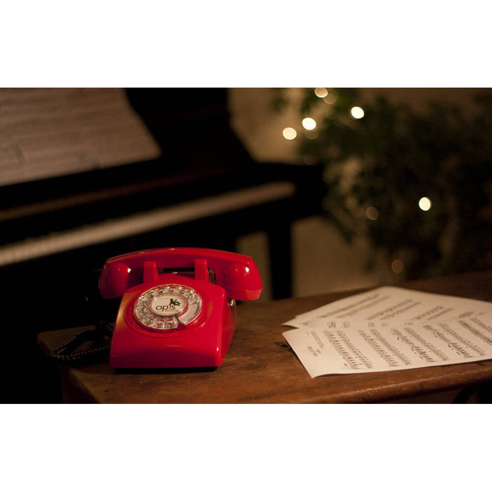 Retro Telefon im sechziger Jahre Vintage Design mit Wählscheibe und Metallklingel Opis 60s cable mit Opis Logo rot