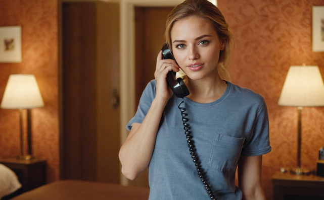 Femme utilisant un téléphone rétro noir dans une chambre d'hôtel chaleureusement éclairée