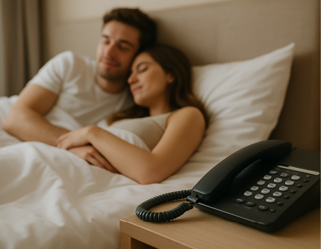 Couple au lit avec un téléphone d'hôtel sur la table de chevet