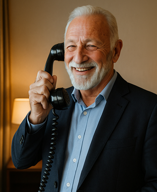 Homme âgé souriant utilisant un téléphone rétro