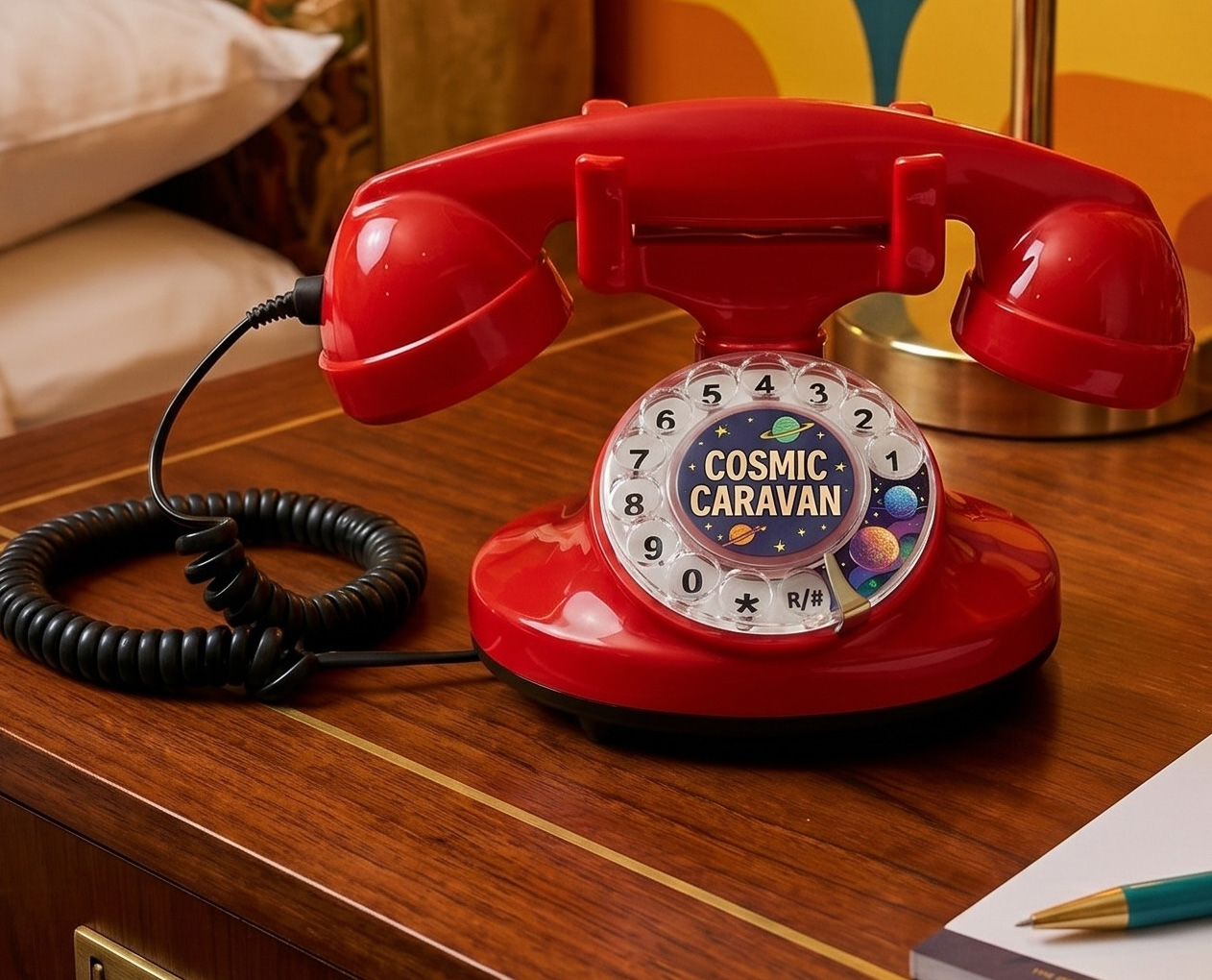 Close-up of a custom-branded vintage hotel telephone with a hotel logo on the rotary dial insert