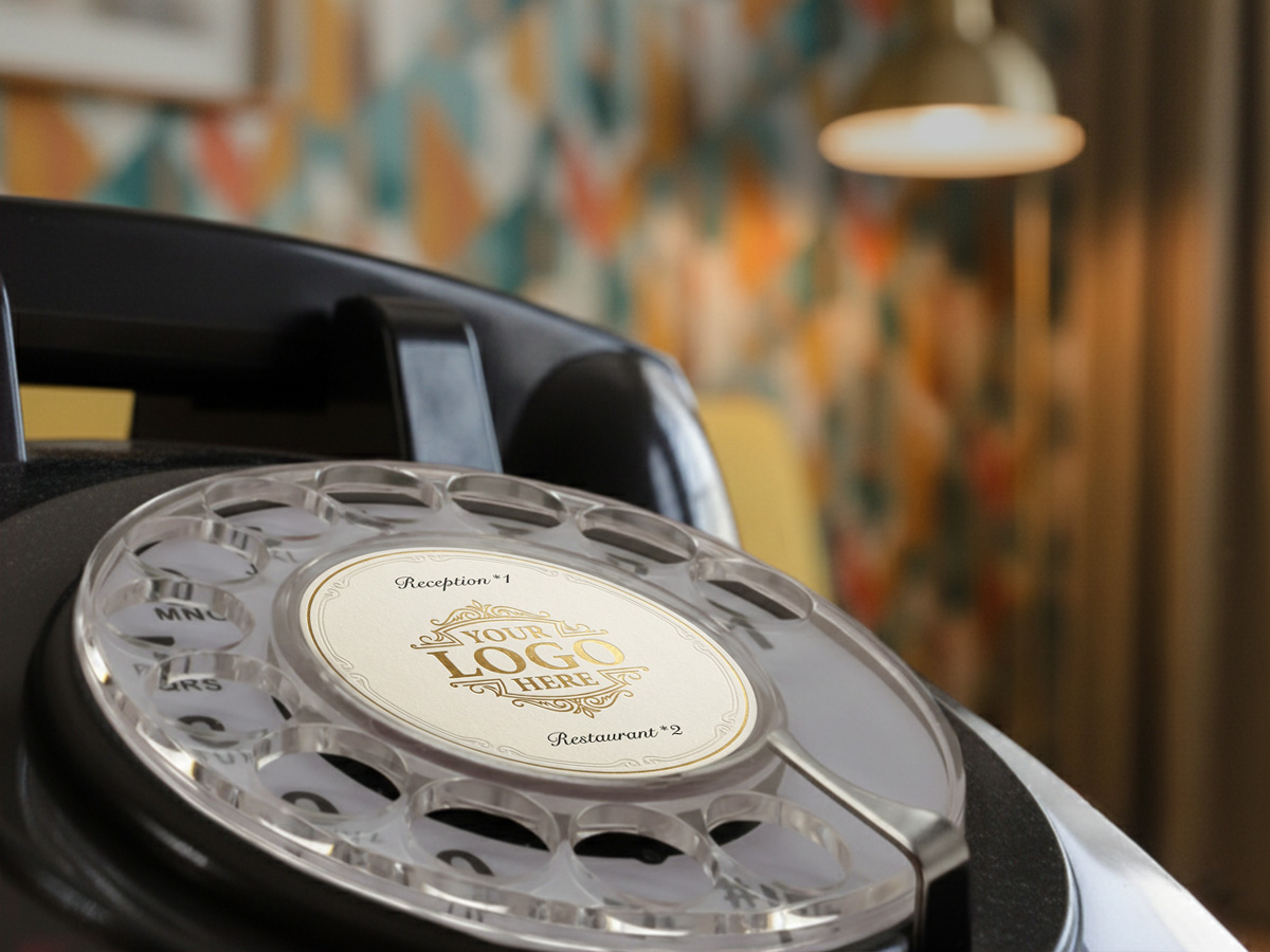 Butik otel odasında logolu vintage otel telefonu